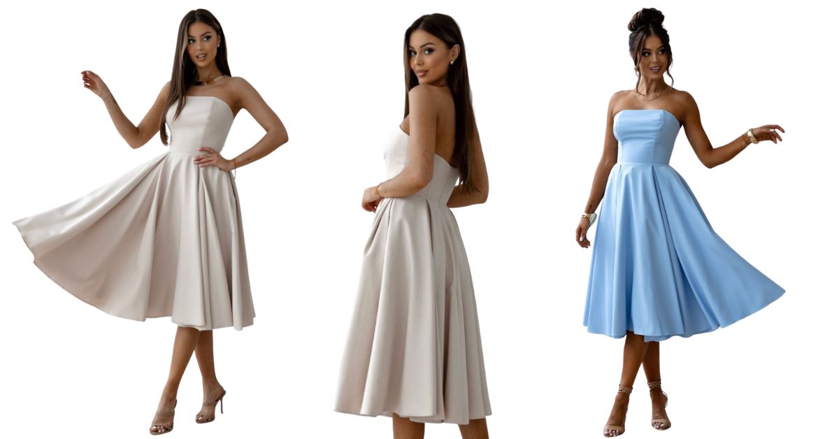 Beżowa błękitna gorsetowa sukienka midi Beauty modelująca sylwetkę